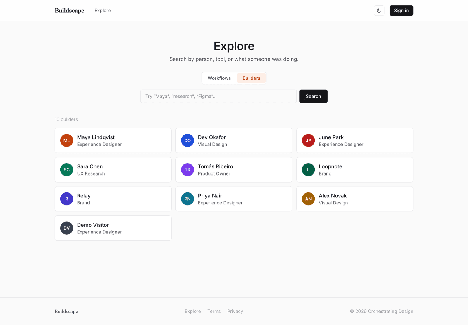 The Explore page switched to the Builders tab, listing people with their headlines and stats.