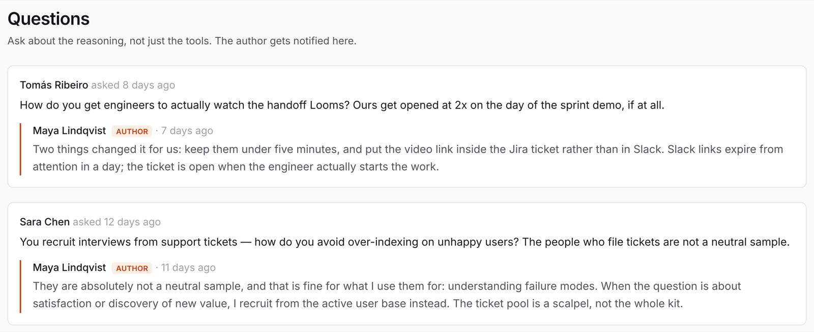 The Questions section on a workflow, showing two questions from named builders and the author's replies marked AUTHOR.