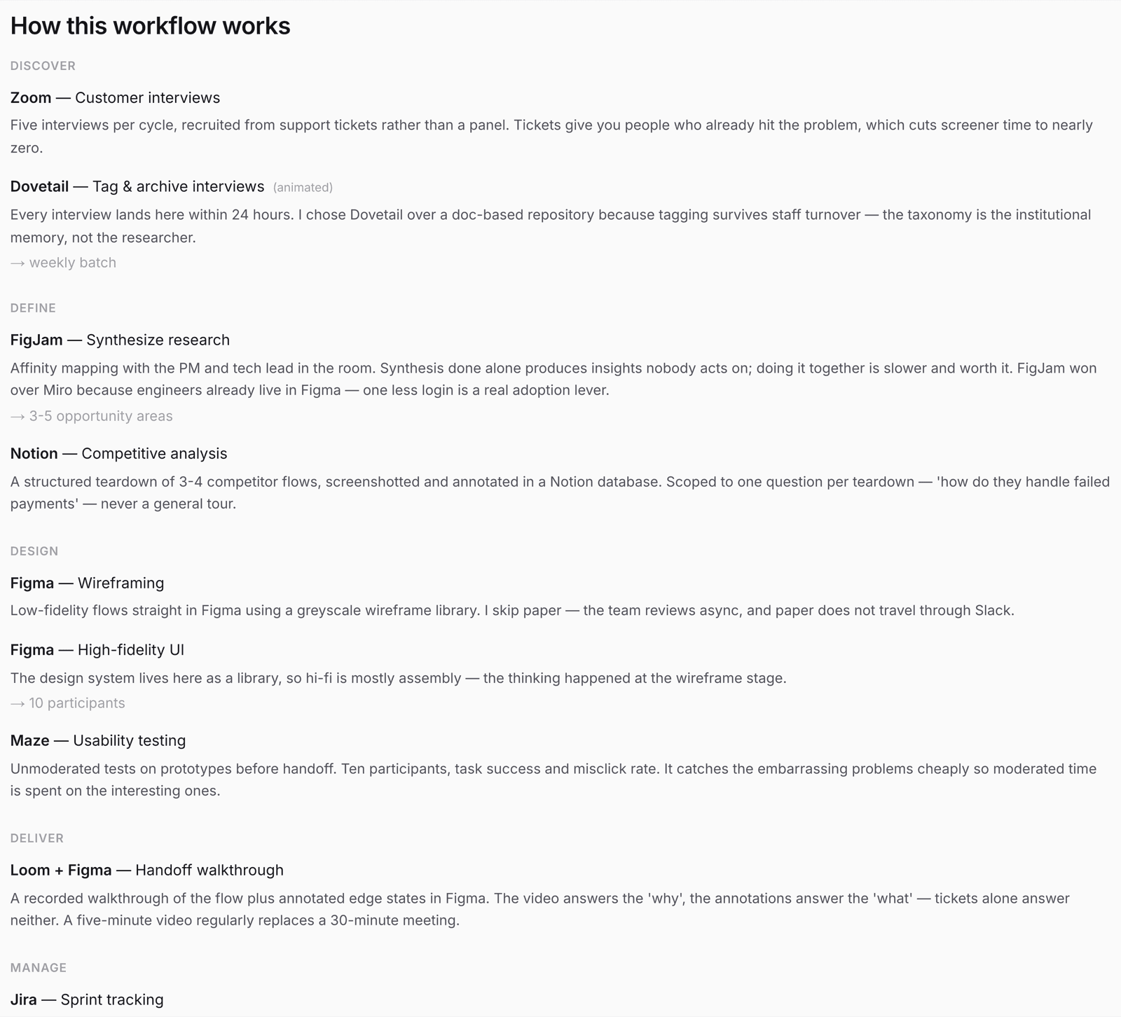 The written walkthrough under a workflow, listing each stage and each step with the author's reasoning.